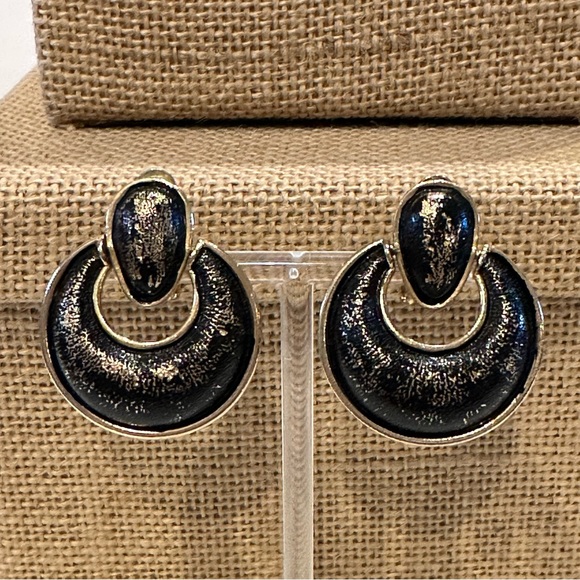 Vintage Bergere Earrings Clip-Ons Door Knocker style, gold tone & black shiny - Picture 1 of 10
